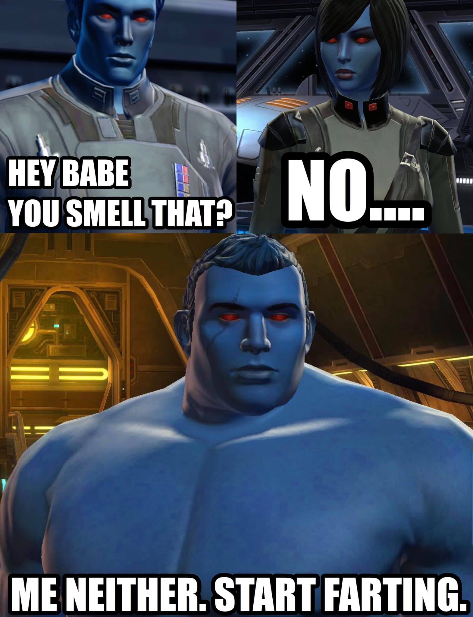 This meme is a humorous take on a romantic relationship. It features a character from the Star Wars universe, Grand Admiral Thrawn, in a romantic scenario. The text "Grand Admiral Thrawn: 'I find your lack of love disturbing. I am not in love with you. I am in love with the idea of you. I am in love with the idea of us. I am in love with the idea of us, but I am not in love with you.'"